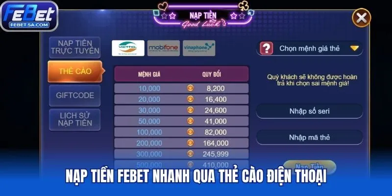 Nạp tiền Febet nhanh qua thẻ cào điện thoại